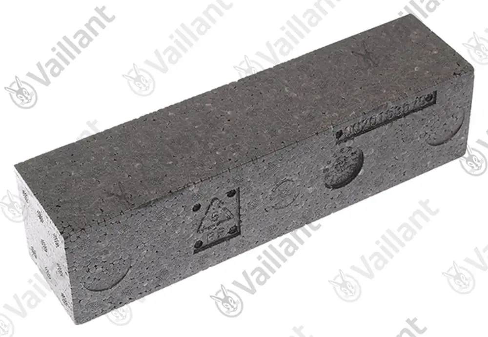 Grauener Block aus EPP-Material mit glatter Oberfläche, gekennzeichnet mit Vaillant-Logo und technischen Informationen, zur möglichen Nutzung in Heizsystemen.